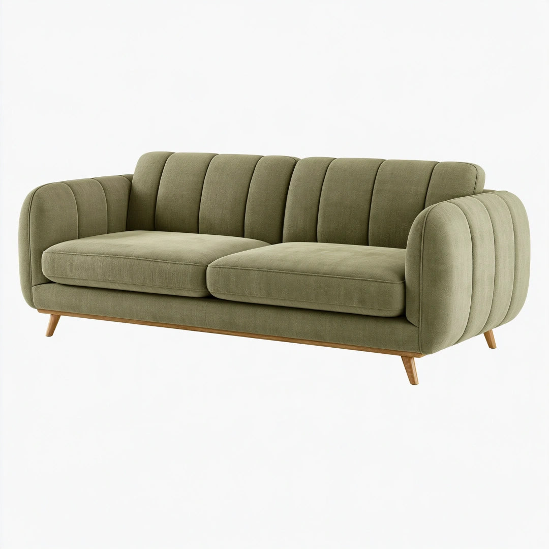 Divano 3 posti 210 x 88 x 78 cm in tessuto verde oliva - stile moderno con schienale scanalato