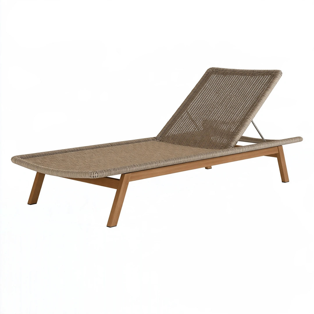 Lettino prendisole 200 x 70 x 85 cm in legno e corda intrecciata marrone con schienale regolabile
