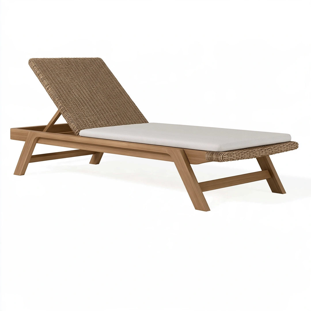 Lettino prendisole 200 x 70 cm in legno marrone con intreccio e schienale regolabile