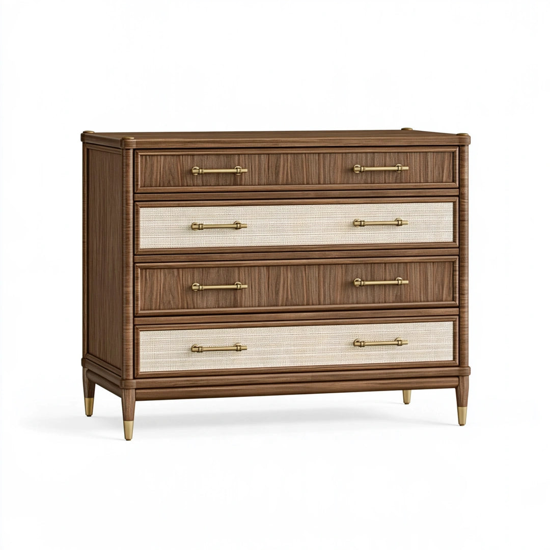 Cassettiera 120 x 45 x 90 cm in legno color noce con quattro cassetti stile classico