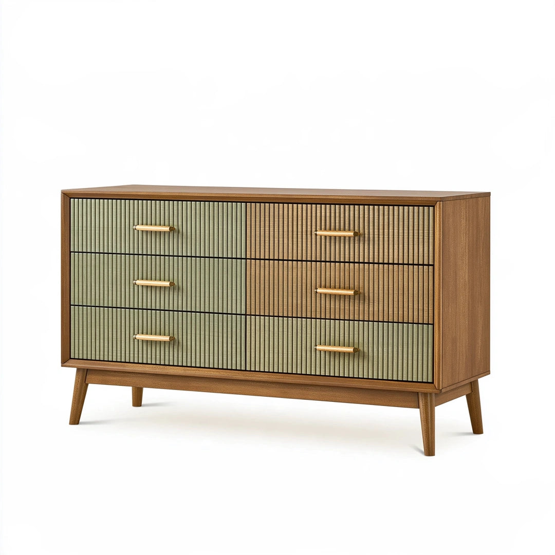 Cassettiera 120 x 40 x 85 cm in legno marrone e verde con 6 cassetti stile retrò