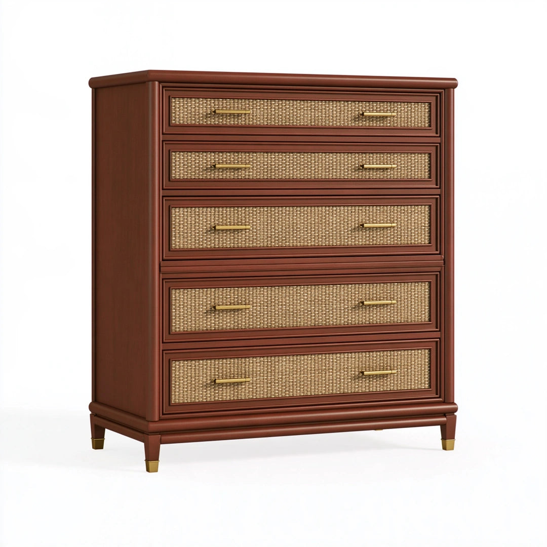 Cassettiera 90 x 45 x 120 cm in legno marrone con rattan - contenitore classico