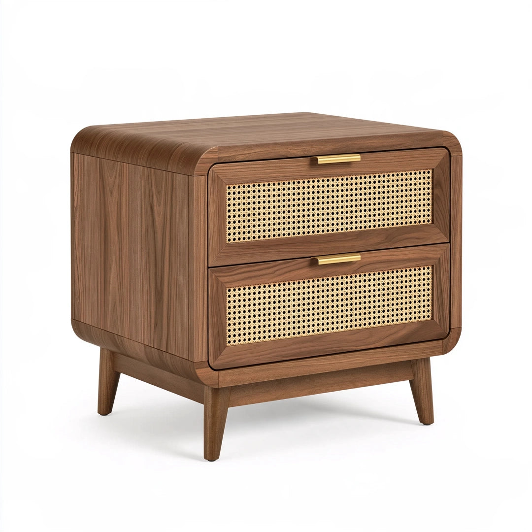 Comodino 60 x 40 x 60 cm in legno marrone con rattan - due cassetti stile moderno