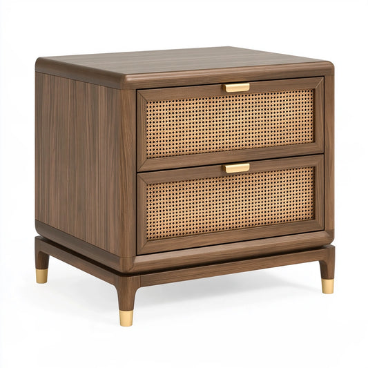 Comodino 50 x 40 x 55 cm in legno marrone con rattan a 2 cassetti stile retrò