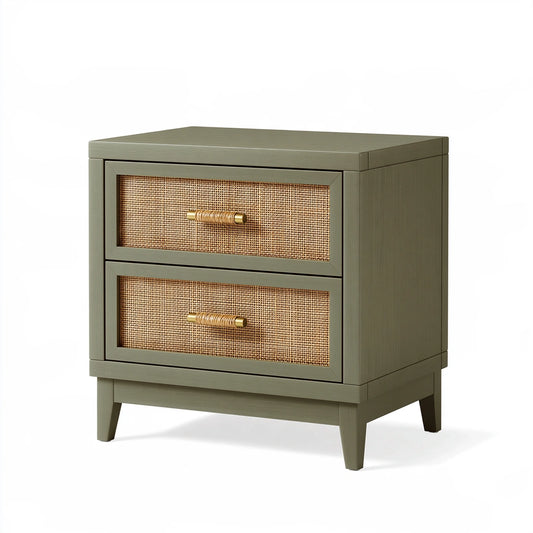 Comodino 55 x 40 x 60 cm in legno verde oliva con 2 cassetti in rattan - stile moderno