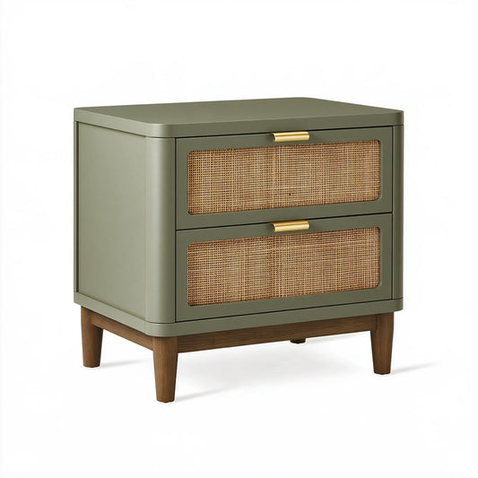 Comodino 60 x 40 x 60 cm in legno verde con cassetti in rattan - stile retrò
