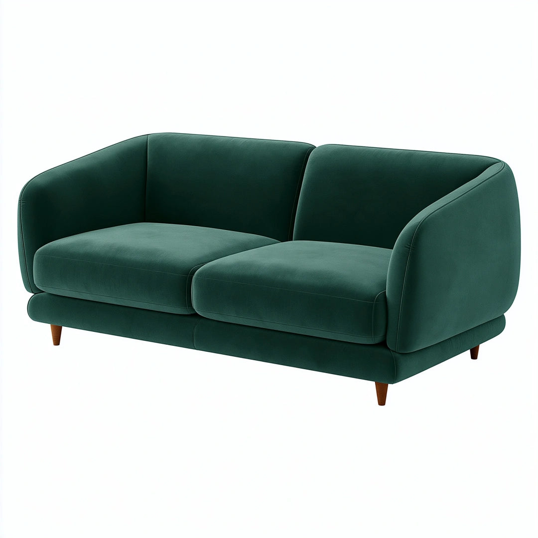 Divano 2 posti 180 cm in tessuto effetto velluto verde scuro con piedi in legno stile moderno
