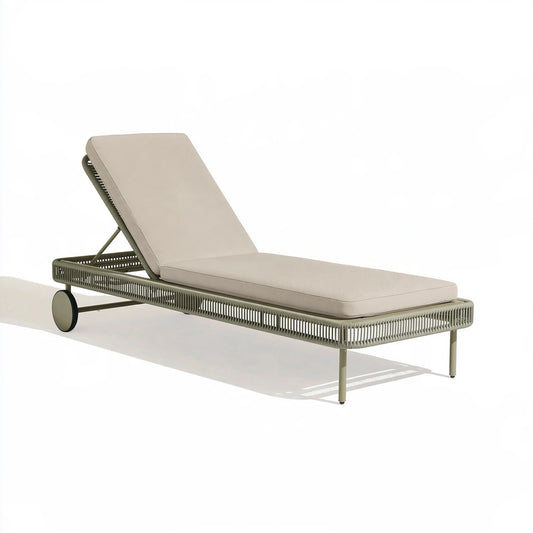 Lettino prendisole 200 x 70 x 35 cm in metallo e corda intrecciata beige verde oliva con schienale reclinabile