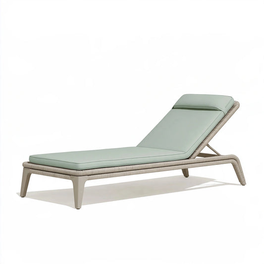 Lettino prendisole 200 x 70 cm in alluminio e corda beige con cuscino verde salvia reclinabile da esterno