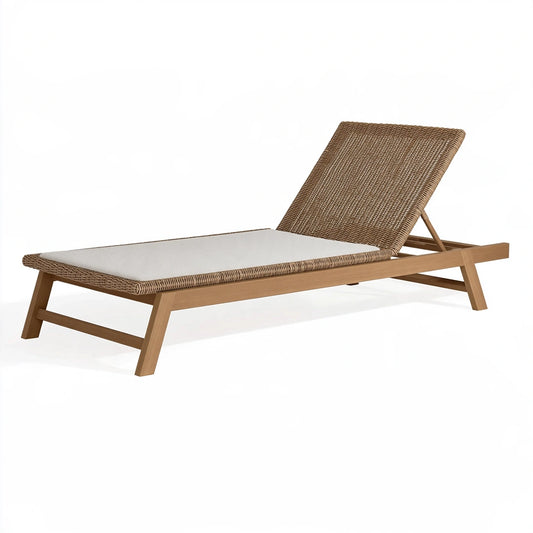 Lettino prendisole 200 cm 70 cm in legno e fibra intrecciata marrone con schienale regolabile