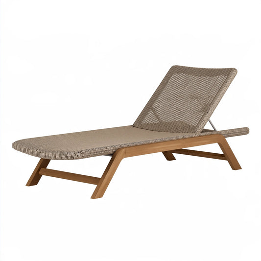 Lettino prendisole 200 x 70 x 85 cm in rattan sintetico beige e legno - schienale reclinabile da esterno