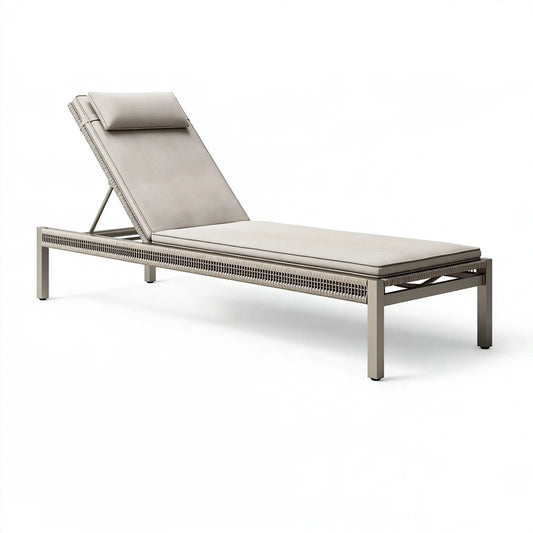 Lettino prendisole 200 x 70 cm in metallo e fibra intrecciata grigio tortora con schienale regolabile da esterno