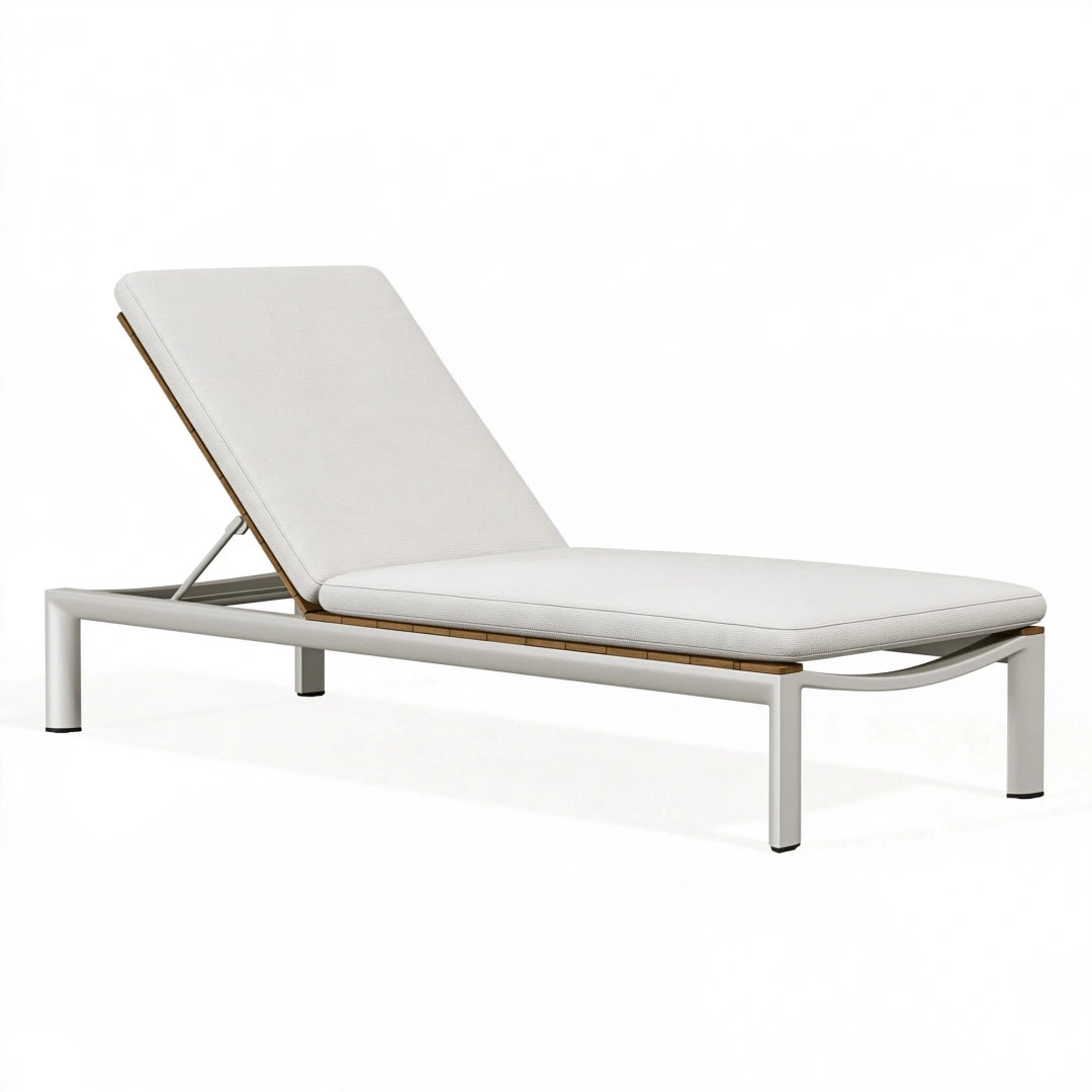 Lettino prendisole 200 x 70 x 85 cm in alluminio bianco e legno con schienale reclinabile