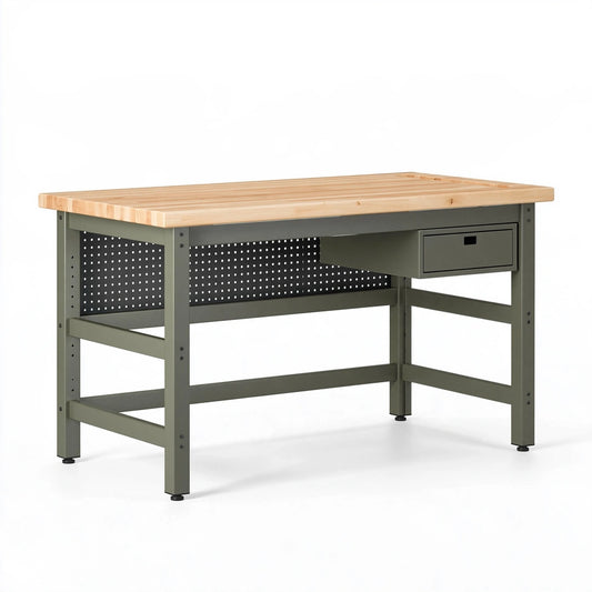 Banco da lavoro 120 x 60 x 90 cm in legno e metallo verde oliva con cassetto stile industriale