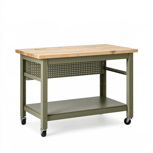 Banco da lavoro 120 x 60 x 90 cm in legno e metallo verde con ruote