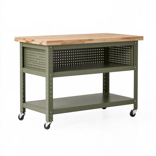 Banco da lavoro 122 x 61 x 91 cm in legno e acciaio verde con ruote e ripiani