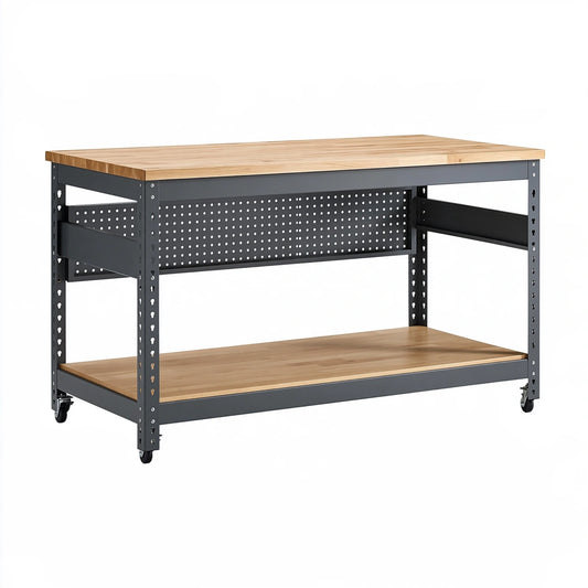 Banco da lavoro 120 x 60 x 90 cm in legno e acciaio nero con ruote