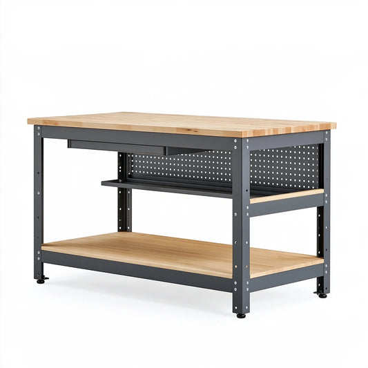 Banco da lavoro 120x60x90 cm in legno e acciaio nero con pannello portautensili
