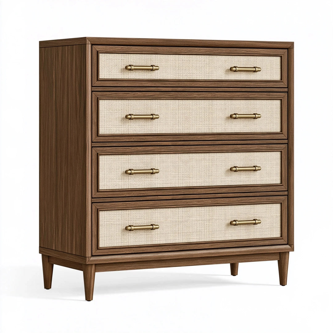 Cassettiera 90 x 45 x 120 cm in legno marrone con frontali intrecciati stile retrò