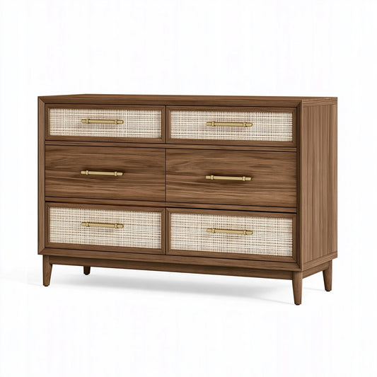 Cassettiera 160 x 45 x 90 cm in legno marrone con rattan intrecciato - stile retrò