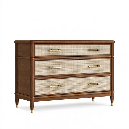 Cassettiera 120 x 45 x 90 cm in legno marrone e rattan beige a 3 cassetti stile classico
