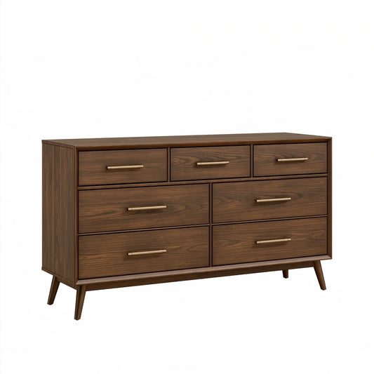 Cassettiera 150 x 45 x 85 cm in legno marrone noce con 7 cassetti stile moderno