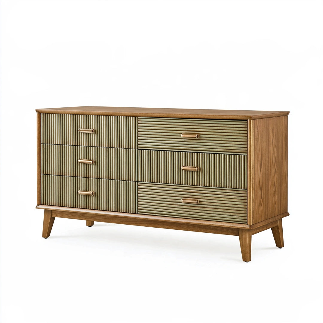 Cassettiera 140 x 45 x 85 cm in legno marrone e verde oliva - sei cassetti stile retrò