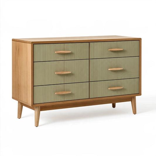 Cassettiera 120 x 45 x 85 cm in legno naturale e verde oliva - sei cassetti scanalati stile retrò