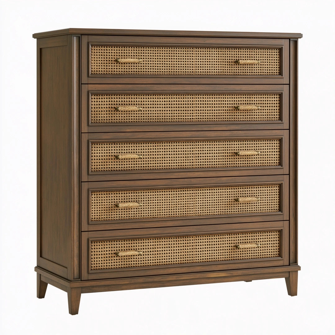 Cassettiera 90 x 42 x 110 cm in legno marrone con rattan - stile classico a 5 cassetti