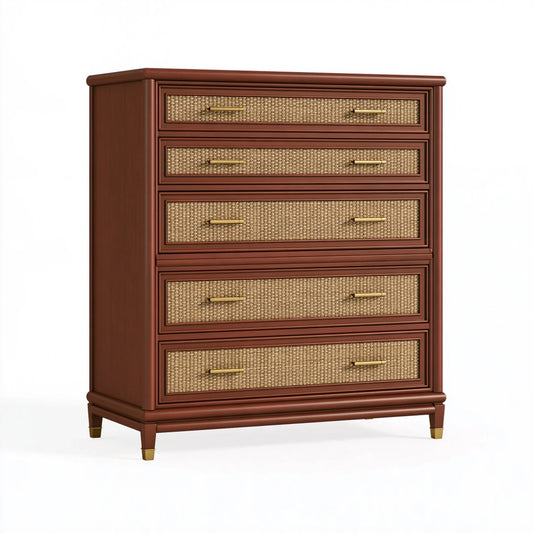 Cassettiera 90 x 45 x 120 cm in legno marrone con rattan - contenitore classico