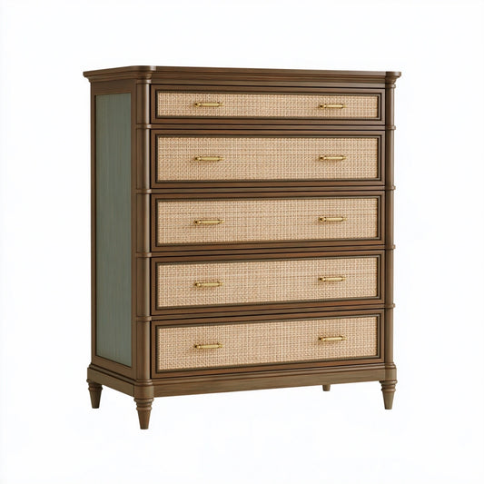 Cassettiera 100 x 45 x 120 cm in legno marrone con rattan naturale - stile classico a 5 cassetti